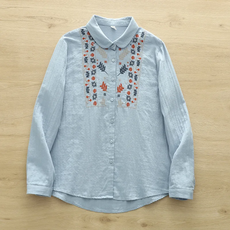 Neues 2025, Frühlings-Baumwollgarn-Langarmshirt, Damen-Umlegekragen-Stickerei, weiche, lockere Bluse im Ethno-Stil für Mädchen T52422CC