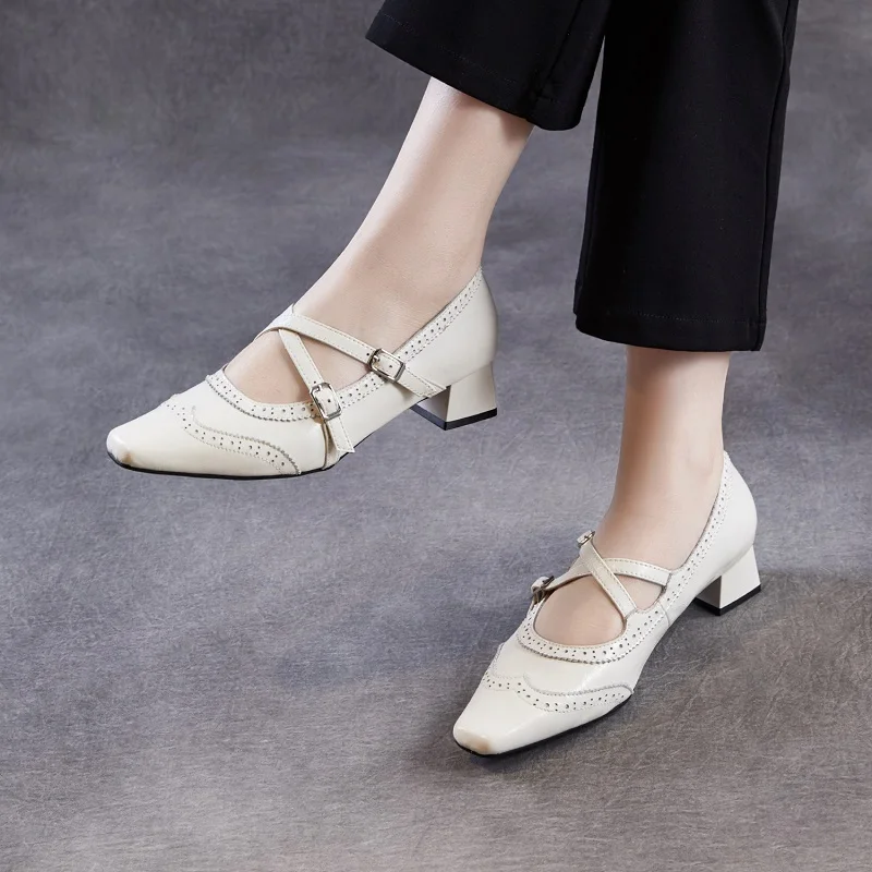 DRKANOL Fashion Women Thick Heel Shoes 2026 Spring Summer Genuine Cow Leather Square Toe Shallow Casual Single Shoes Footwear