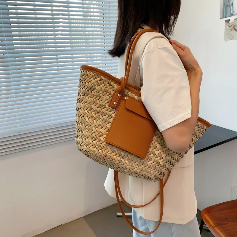 Mode Grote Capaciteit Rotan Tote Vrouwen Designer Rieten Geweven Schouder Crossbody Tas Vrouw Luxe Zomer Strandtas Grote Portemonnee