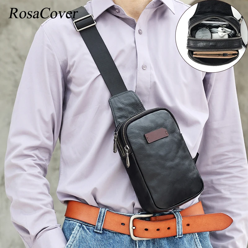 Genuine Cowhide Leather Mens Crossbody Bag Shoulder Sling Bag Small Casual Chest Bags for Travel Hiking Backpacks Sling Bag