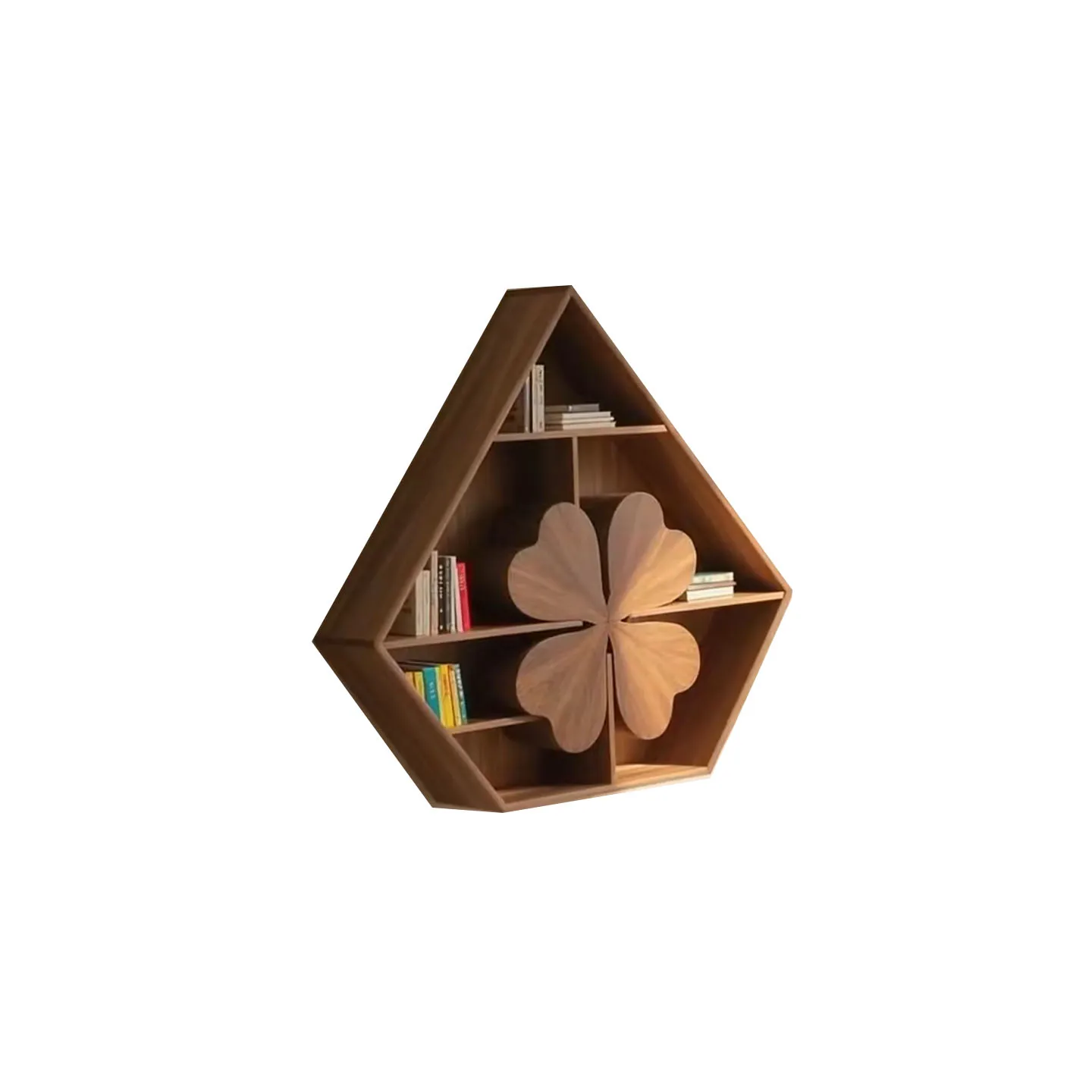 Black walnut wall-mounted bookcase, four-leaf clover bookcase, storage shelf, living room decorative cabinet, desk cabinet, hang