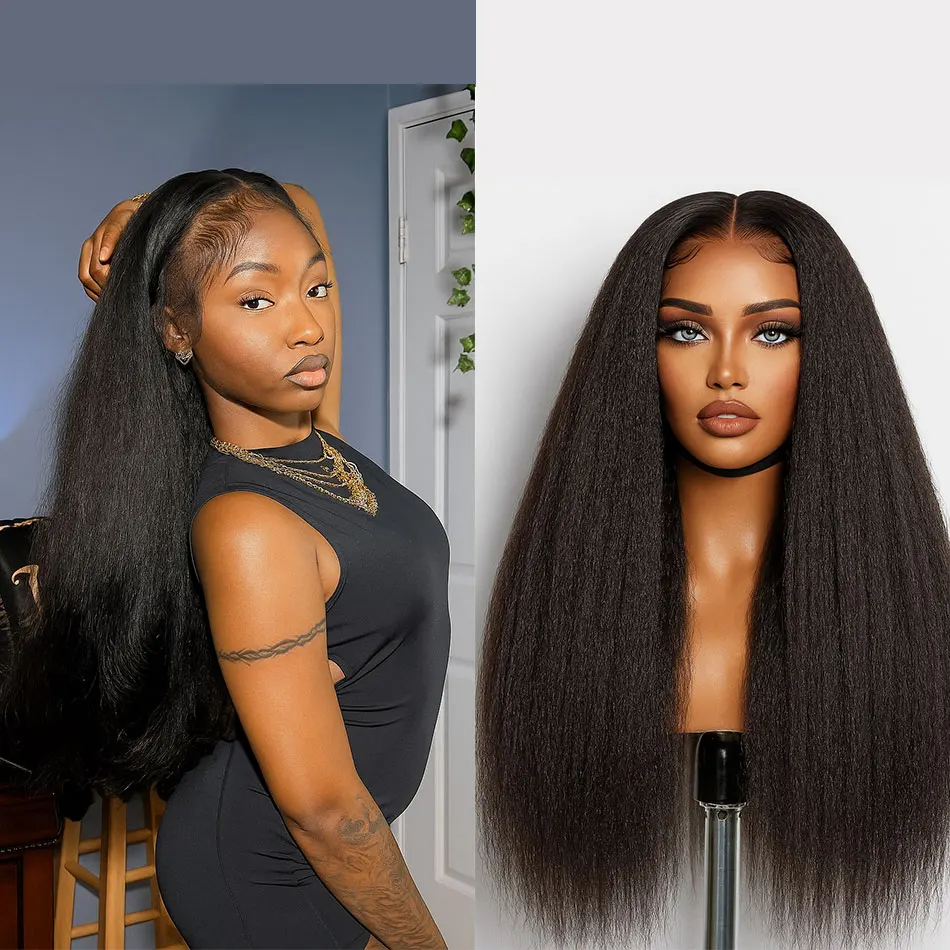 

Kinky Straight Brazilian Yaki Straight 13x4 HD Lace Frontal Wig Preplucked 250% High Density