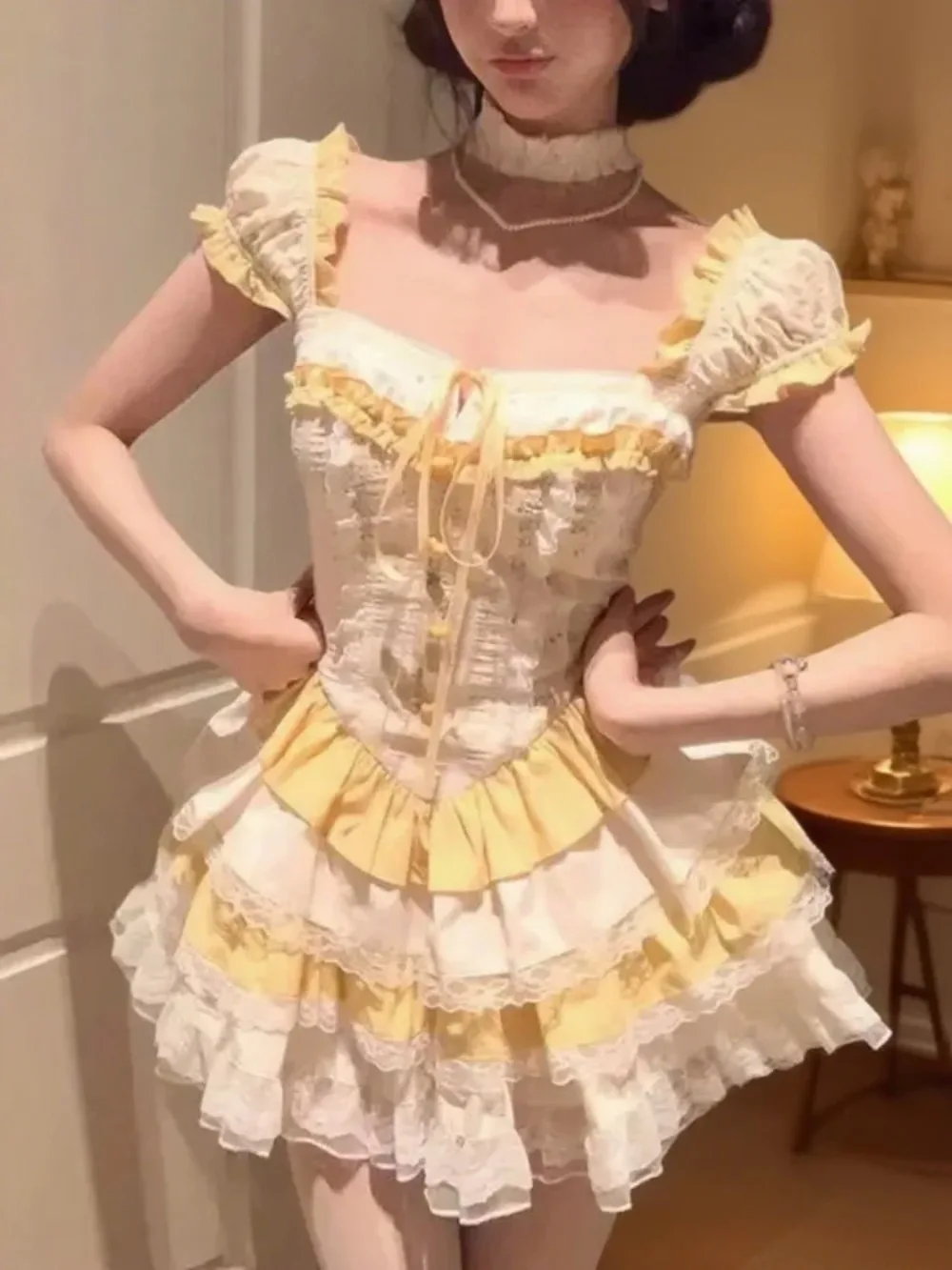 

Sweet Yellow Lolita Summer Women Dress Y2k Design Lovely Vintage Skinny Dress Harajuku Female Kawaii Lace Korean Popular Clothes