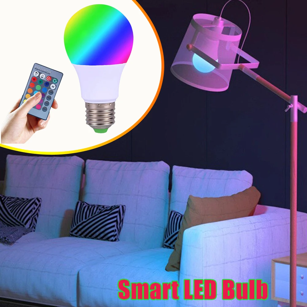 

Умная светодиодная лампа RGB E27 220В с регулировкой яркости, меняющая цвет, 16 цветов, пульт дистанционного управления на 24 кнопки для домашнего освещения и создания атмосферы