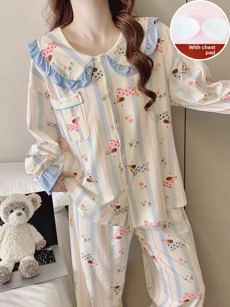 

Синяя полосатая пижама с длинными рукавами и принтом собаки, женская зимняя одежда, домашняя одежда, подходит для весенне-осеннего периода, мягкий полиэстер