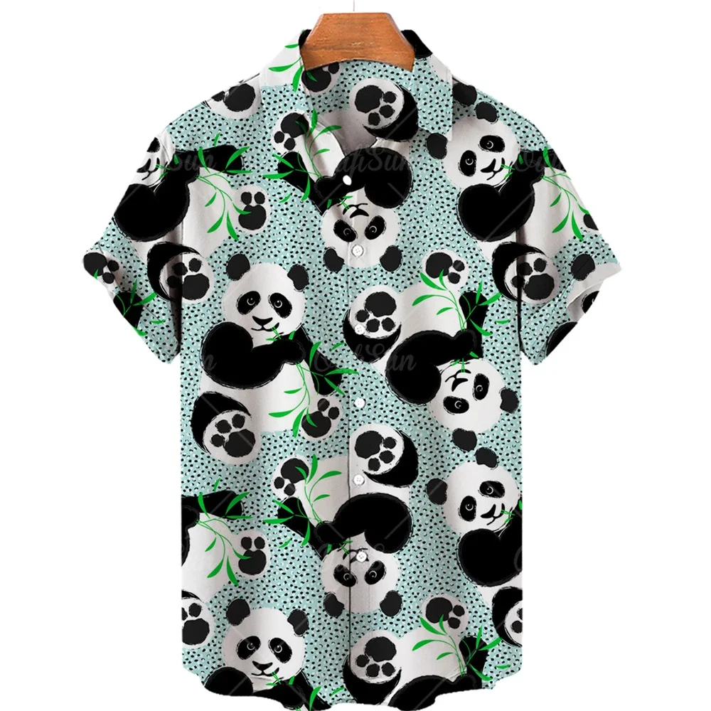 Cute Panda Print men\'s short-sleeved Shirt 2023 New Fashion And Comfortable men\'s Casual Tops Cute Panda open-neck Short Sleeves