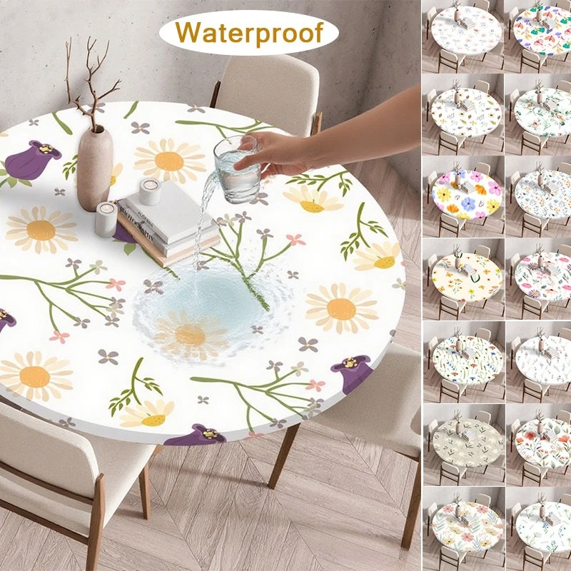 

Waterproof Elastic Floral Round Tableclothfor Farmhouse Holiday Wedding Party Dining Table Decor Kitchen Table Protection Cover