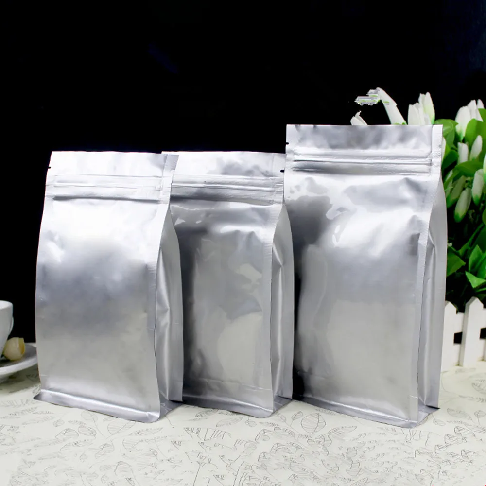 50Pcs/Lot Silver Zip Lock Aluminum Foil Stand Up Bag Self Zipper Seal Tear Notch Reclosable Reusable Food Candy Tea Pouches