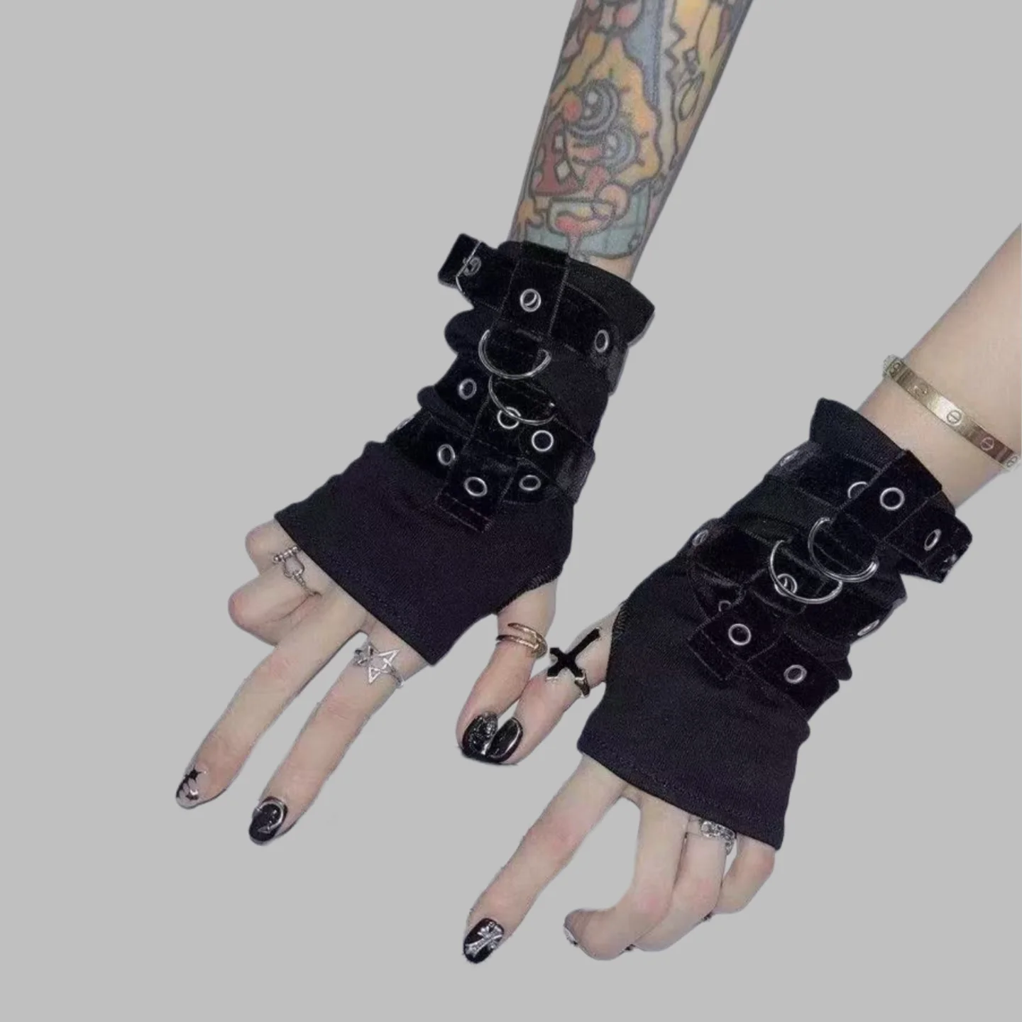 1 paar Y2K gepersonaliseerde gesp punkstijl vingerloze handschoen voor dames, Luo hiphopstijl podiumprestaties streetdance mouwen