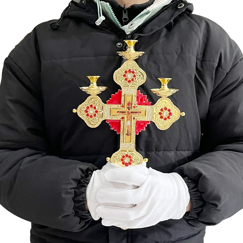 Orthodoxer Kreuz-Kerzenhalter aus vergoldeter Zinklegierung mit Jesus-Kruzifixion 16,3 Zoll Kirchenaltar-Dekoration Heim-Gebets-Religion-Geschenk – Detail 1