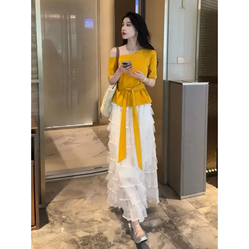 

Women's Summer Korean Style Fashion Skew Collar T-Shirts White Long Skirts Two Piece Set Lady Graceful Slim Tops Ball Gown 2026