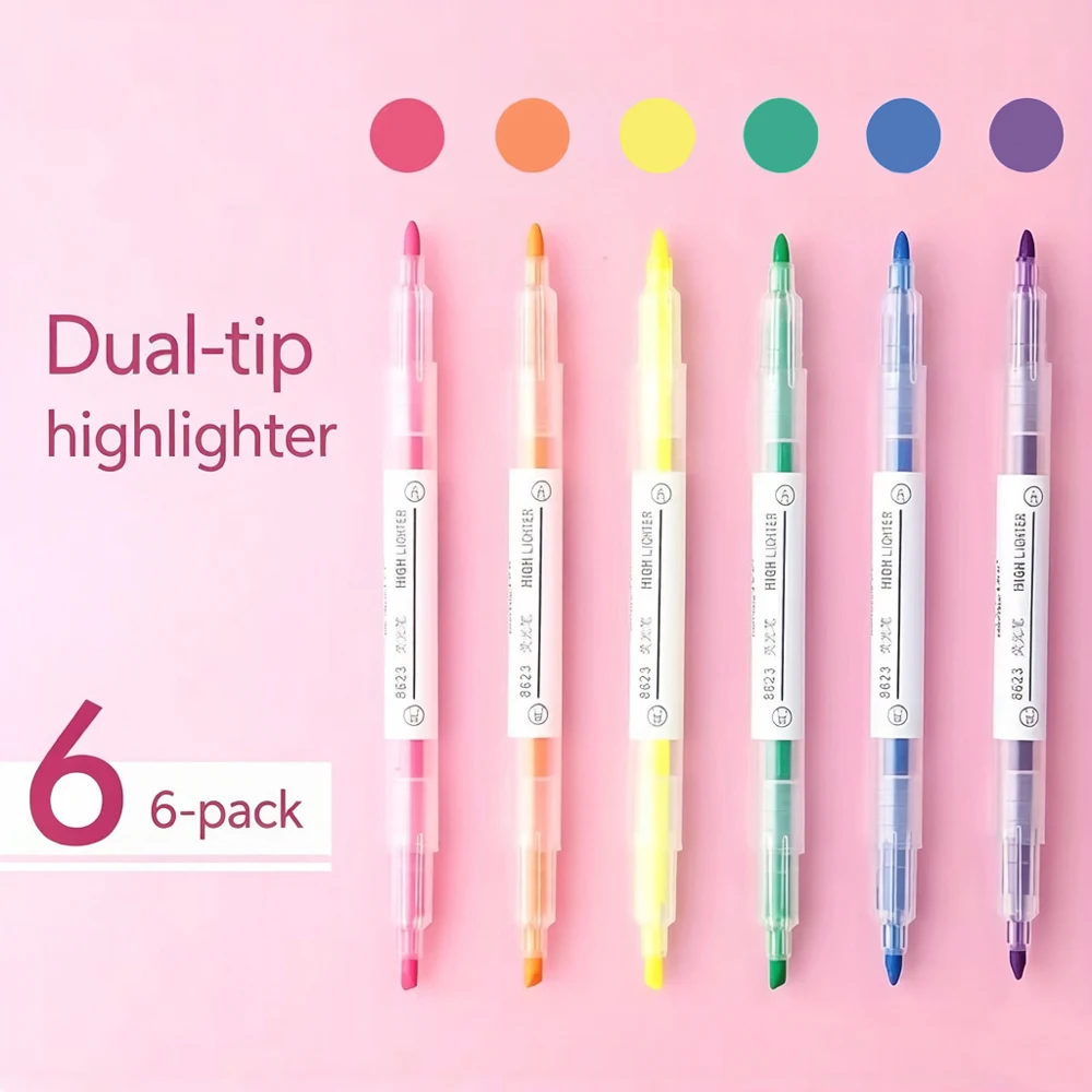 6 Pcs Double-tip Highlighter New Aesthetic Fluorescent Pastel Highlighter Office Supplies Colored Marking Pen