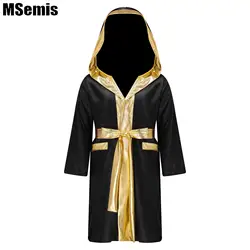 Bambini ragazzi accappatoio da boxe manica lunga con cappuccio aperto sul davanti mantello con cintura Kickboxing Costume Set abbigliamento sportivo Fitness accappatoio