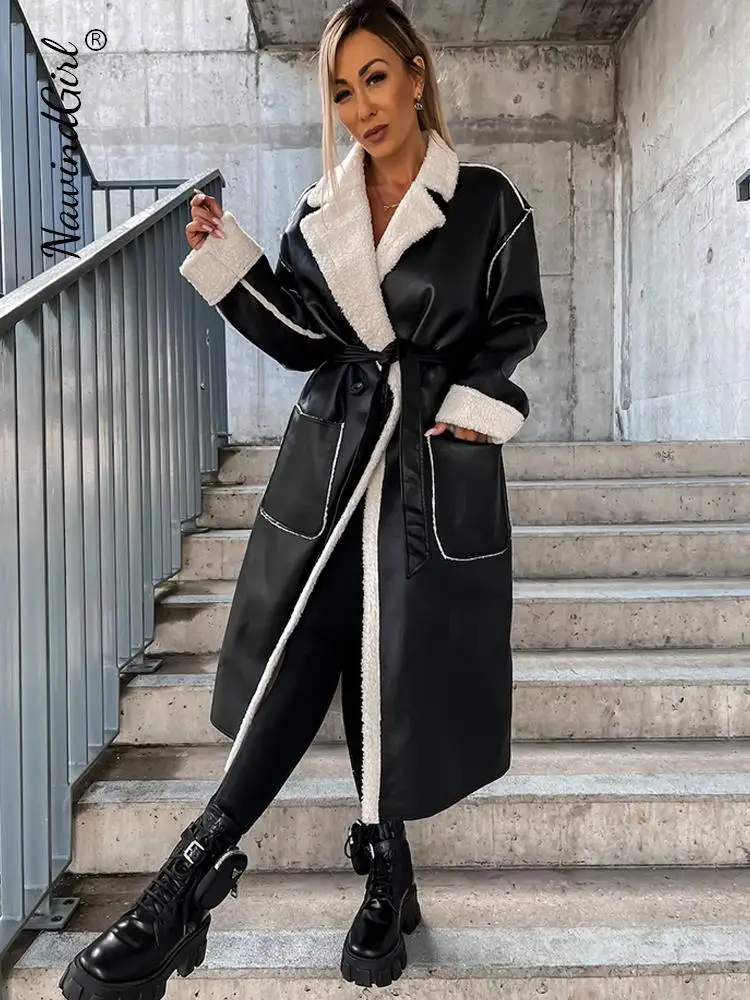 Faux Leather Panelled Turndown Collar Overcoat 1
