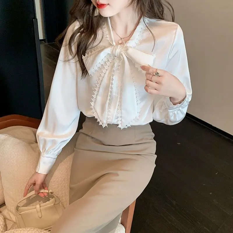 Butterfly Knot Chiffon Shirt for Women New Style Stylish Long Sleeved Lace Bottom Shirt Top