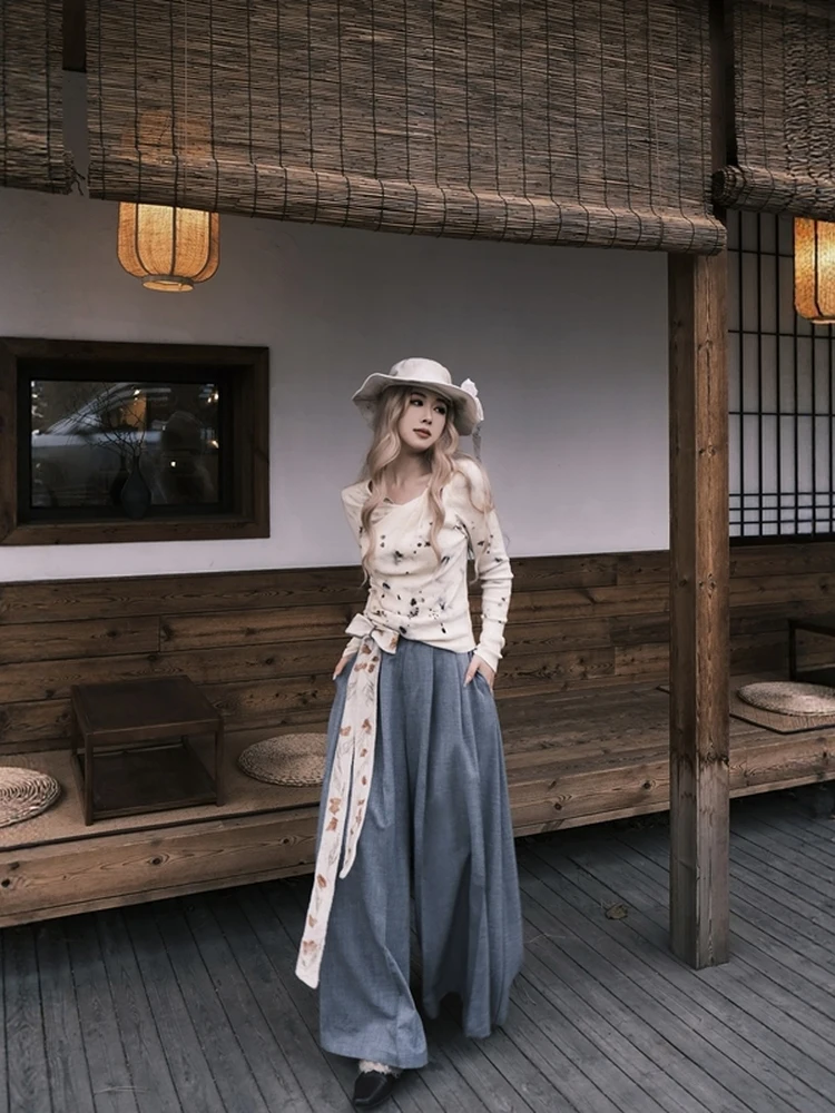 

Комплект из вязаного топа и брюк ручной работы в винтажном стиле с художественной окраской, облегающий крой, женский модный ансамбль, хлопок, эластичный пояс