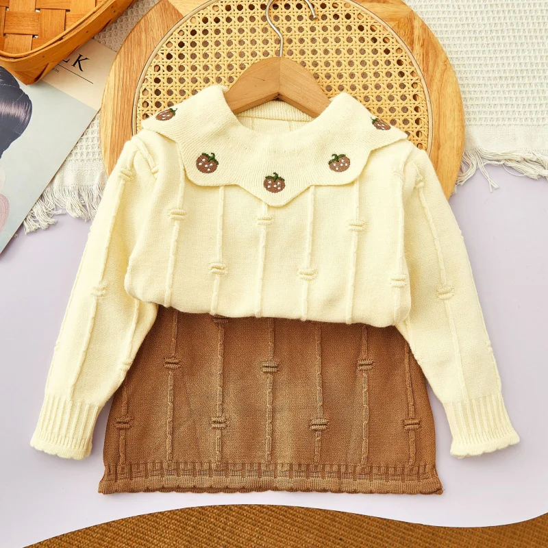

Children's Outfit Skirt New Autumn Winter Girls' Knitted Top Short Skirt Pleated Skirt Solid Color Two-Piece Set Children's Clot