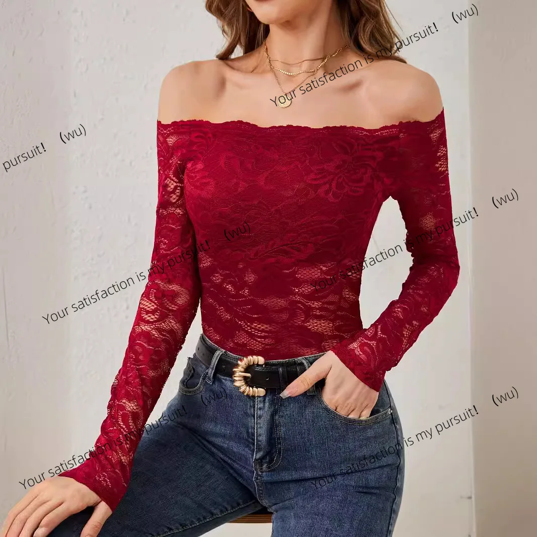 

Элегантный воротник с зубчатым краем, воротник с одним словом, кружевная облегающая футболка с открытыми плечами, топ с длинными рукавами