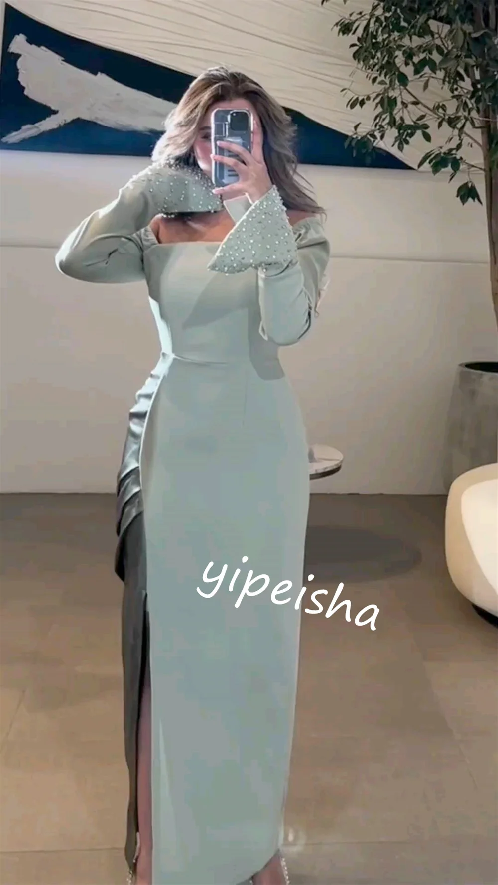   ชุดราตรีจีบ Rhinestone Clubbing Sheath Off-the-shoulder Bespoke โอกาสชุด Midi ชุดซาอุดีอาระเบีย