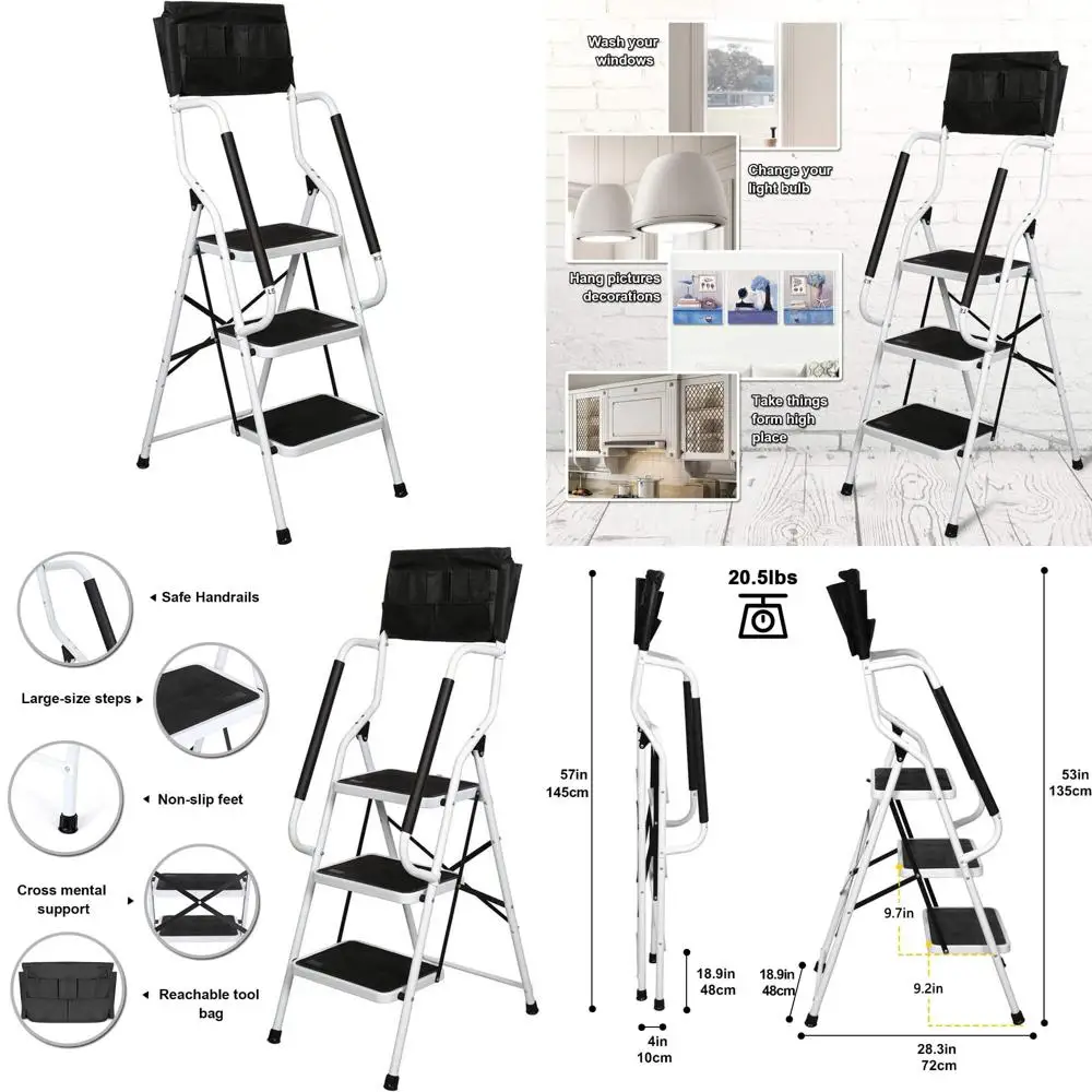 

Складная 3-ступенчатая лестница емкостью 500 фунтов с поручнями для домашнего и кухни, безопасная стальная рама