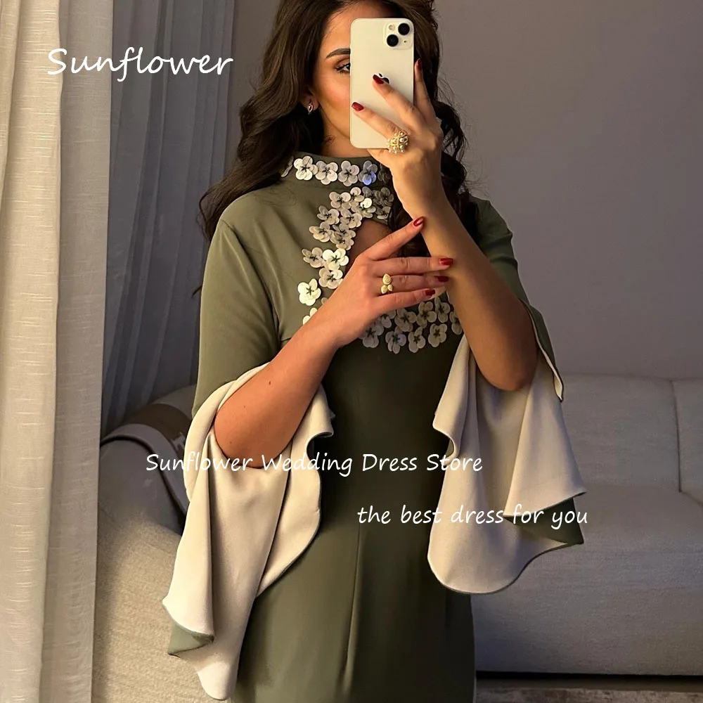 Sunflower Simple Dark Green 3D Flowers Cut-out Crepe Mermaid Prom dress 2024 Slim Long Sleeve Floor-Length Formal Evening Dress