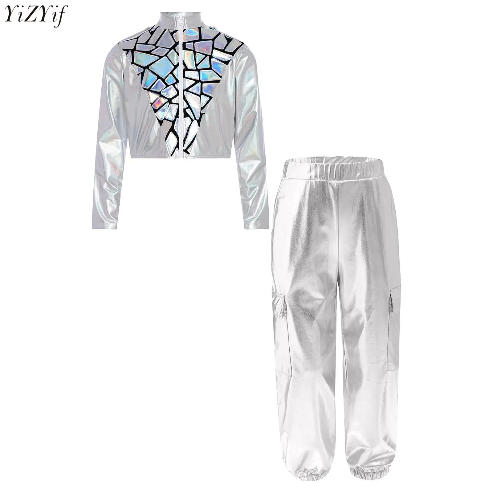 

Kids Boys Girls Hip-Hop Street Dance Outfit Stand Collar Long Sleeve Sparkling Sequins Metallic Cropped Jacket Coat+Cargo Pants