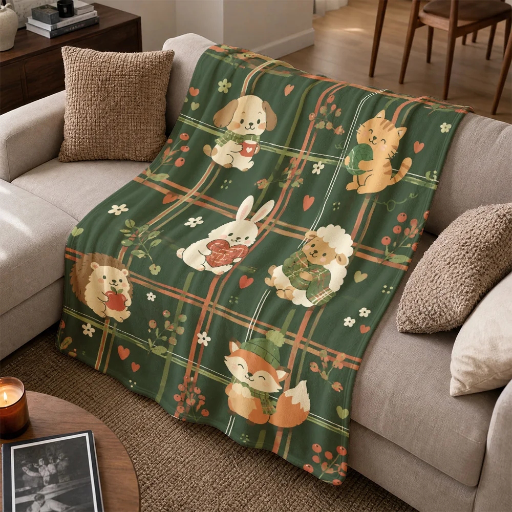 Cute Plaid Animal Print Throw Blanket Sofa Decor Cozy Fleece Tartan Woodland Theme Throw for Living Room Sofa Bed Gift Home Acce