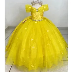 Customized Yellow Flower Girl Dresses for Wedding Crystals Butterfly Princess First Communion Kids Birthday Party Ball Gowns