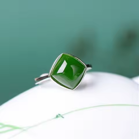 Silver inlaid Natural Hotan Jade green Geometric rhombus rings for women minimalist Chinese style engagement ring party jewelry