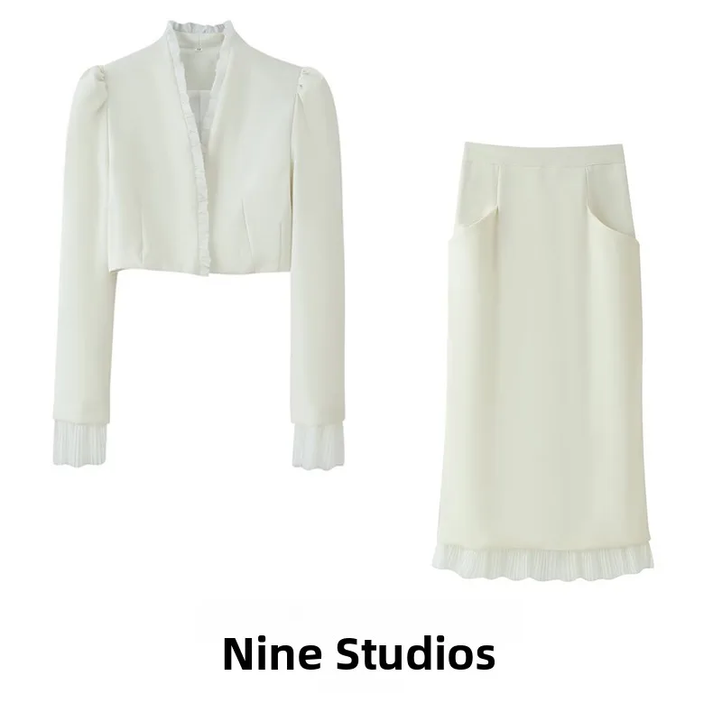 Nine Zar Women's Fashion Set V-neck Bubble Sleeve Long Sleeve Suit Jacket with Mesh  Half-length Skirt Two-piece Suit