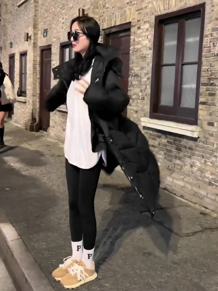 Długi płaszcz puchowy z kapturem, za kolano, damski, ciepły, w stylu koreańskim, prosty krój, materiał z pamięcią kształtu.