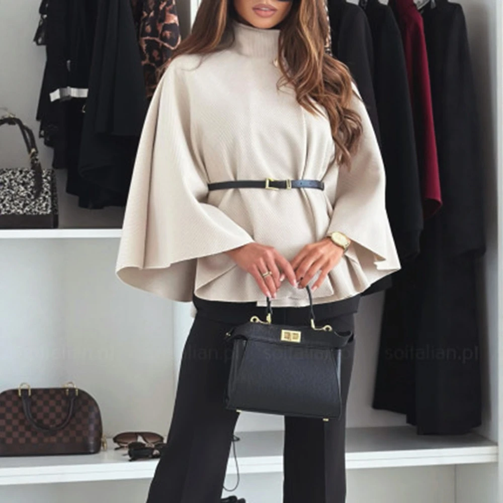 UNIKTEE Women's Turtleneck Blouse Loose Fit Elegant Solid Color Flare Sleeve Casual Autumn Winter Fashion Small Shirt