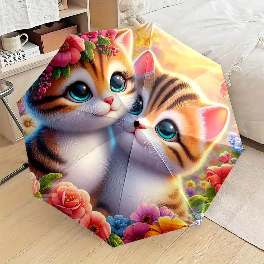1PC Adorable Cats Printed Umbrella with Bright Floral Design Print 8 Iron Ribs Folding Umbrella Auto-Open Fashion Sunshade