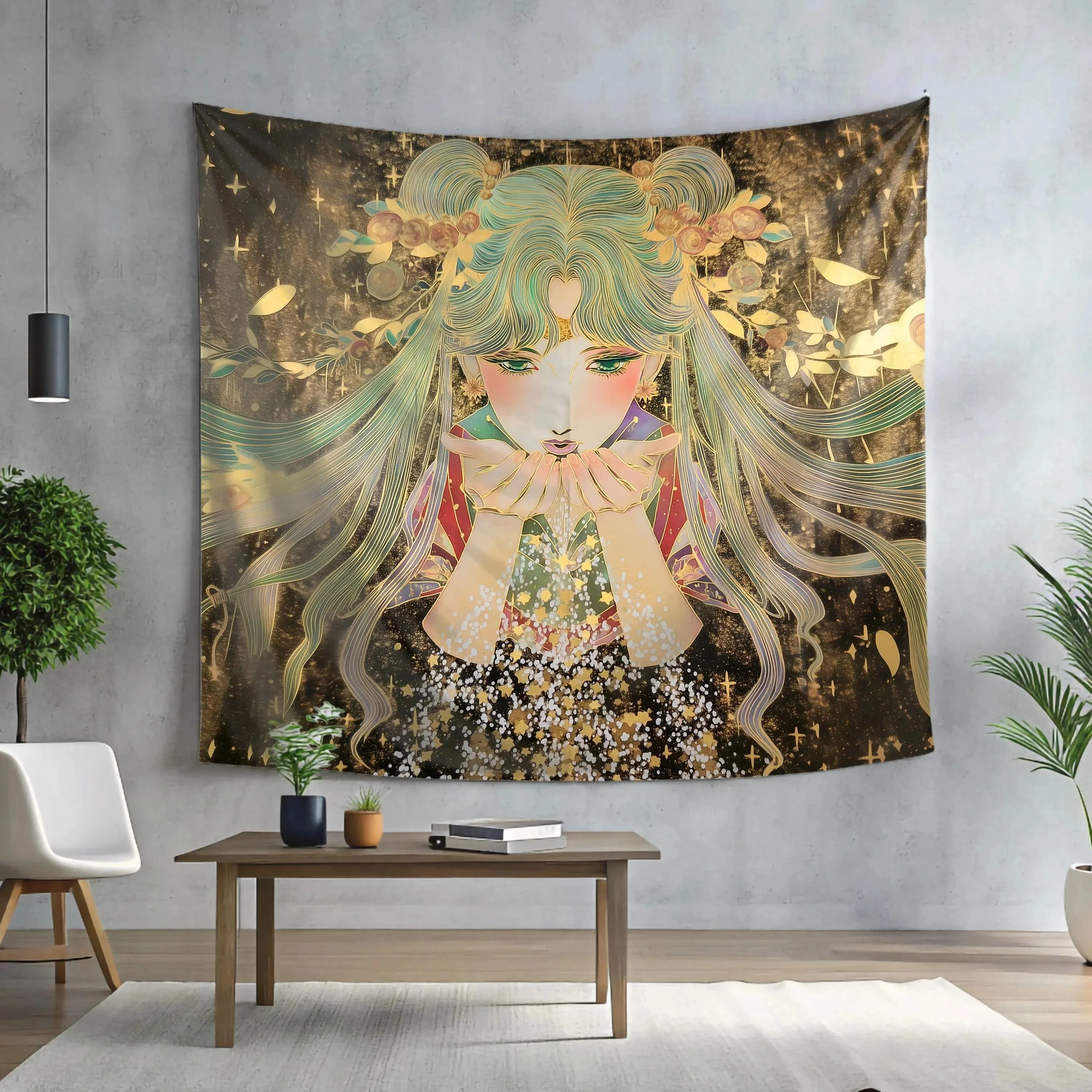 

Fantasy Magic Fairy Anime Girl Tapestry Peach Skin Wall Hanging Gold Star Wall Art For Bedroom Living Room Dorm Home Decor
