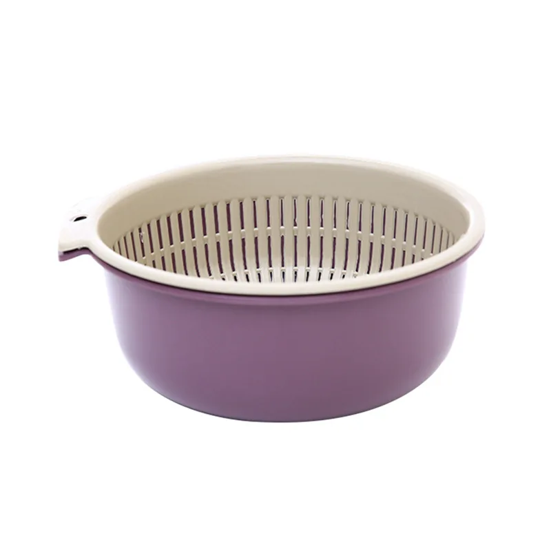 Kitchen Double-layer Fruit and Vegetable Plastic Color Blocking Drain Basket, Circular Plastic Vegetable Washing Drain Basket