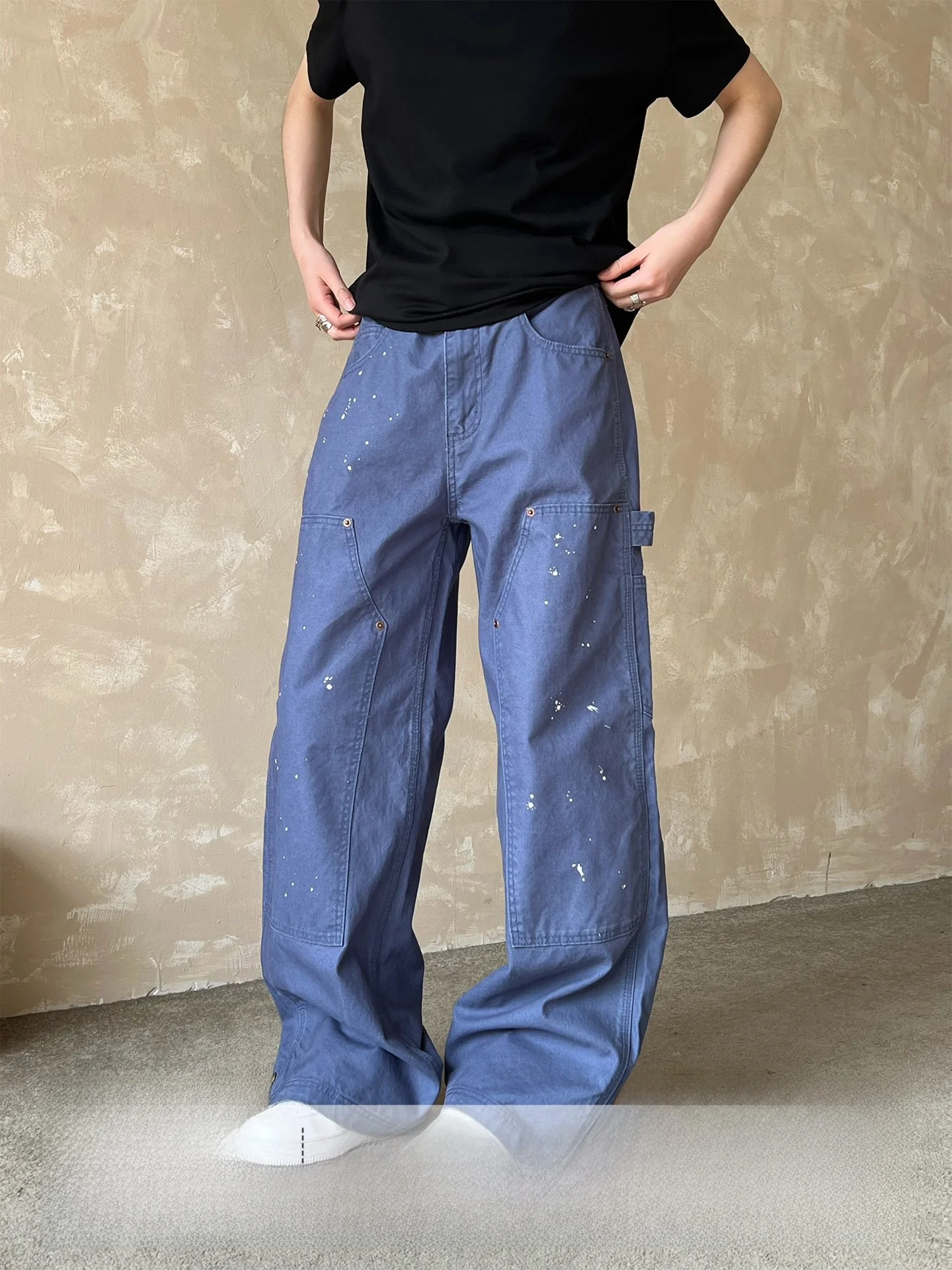 Ja1 Straight Leg Workwear Pants Men's Dyeing Design Casual Blue Jeans All-Match Spring Cotton Trousers for Neutral Style