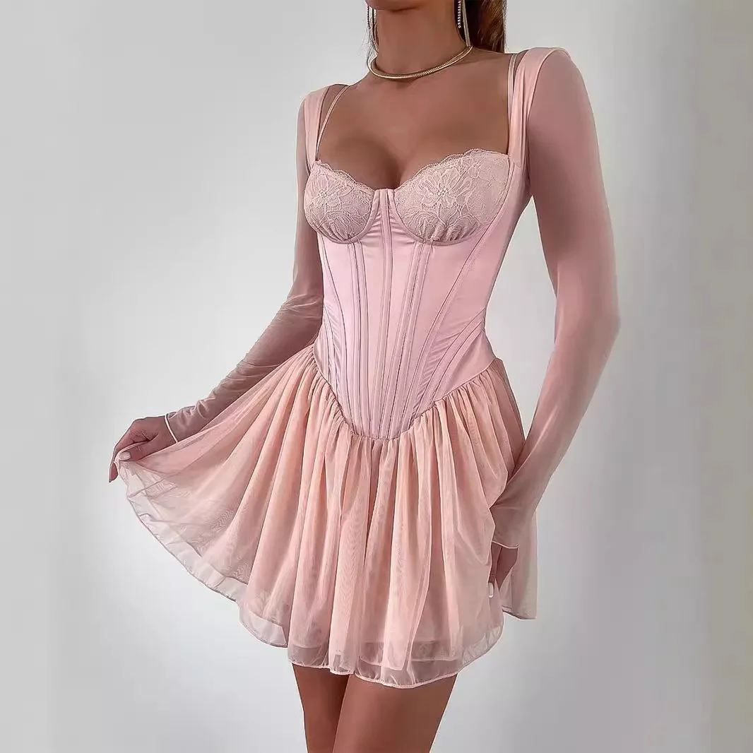 

Women's Autumn Mesh Long Sleeve Dress, Pink A - Line Bodycon, Birthday Party & Holiday Vacation Mini Dress