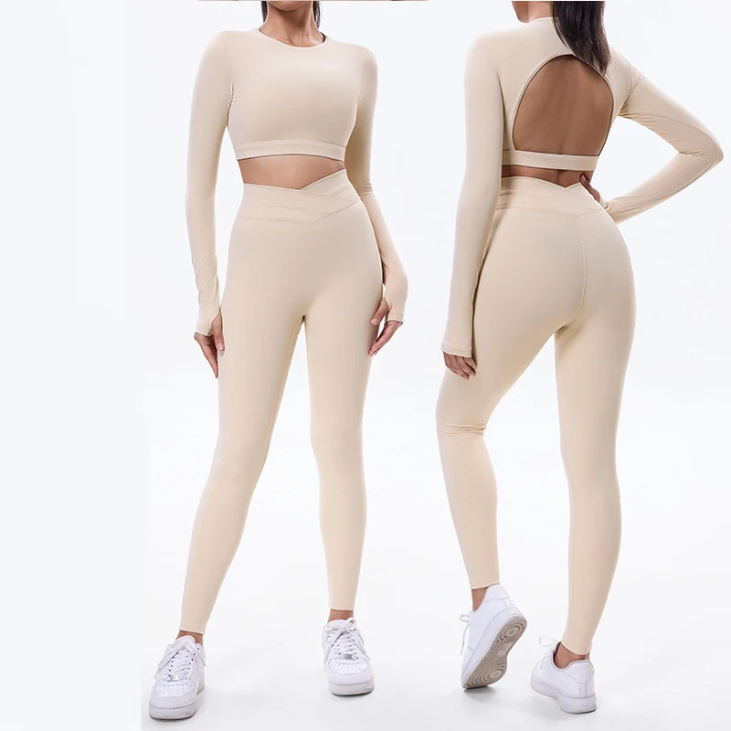 Terno de ioga manga longa para mulheres, leggings esportivas, top crop, conjunto de ginástica de cintura alta, roupas fitness de secagem rápida