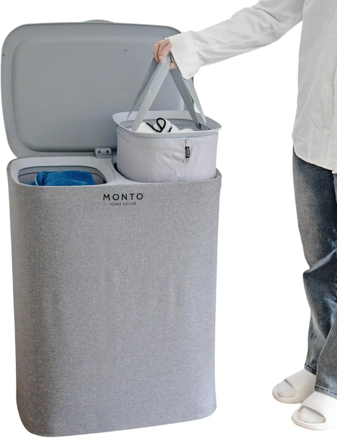 

Small Double Compartment Laundry Basket with Lid, Removable Bags, Handles for Efficient Sorting - Stylish & Functional (50L)