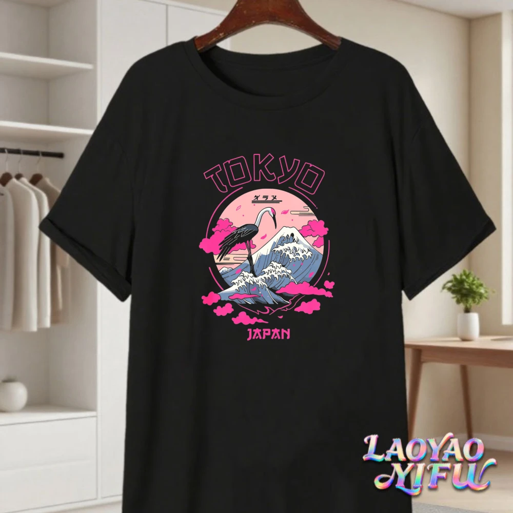 Tokyo Japan Wave Tee Crane Sakura Graphic Retro Men Women Trendy Top Unisex Cotton Retro Trend Cool Street T Shirts