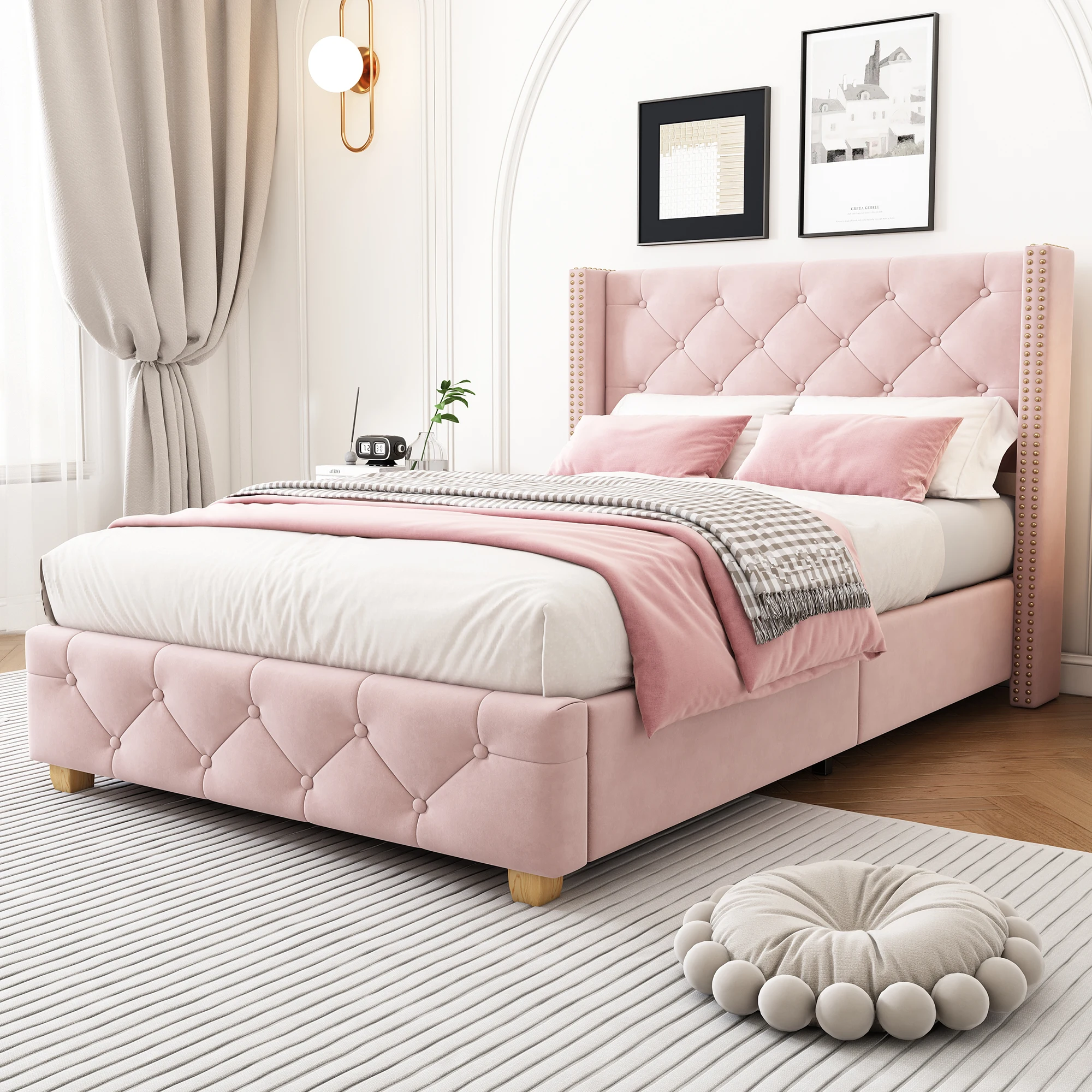 Matelas, cadre de lit, lit rembourré 90*200cm avec treillis et tête de lit, rembourrage à boutons, rembourrage à rivets, pieds en bois, velours, rose