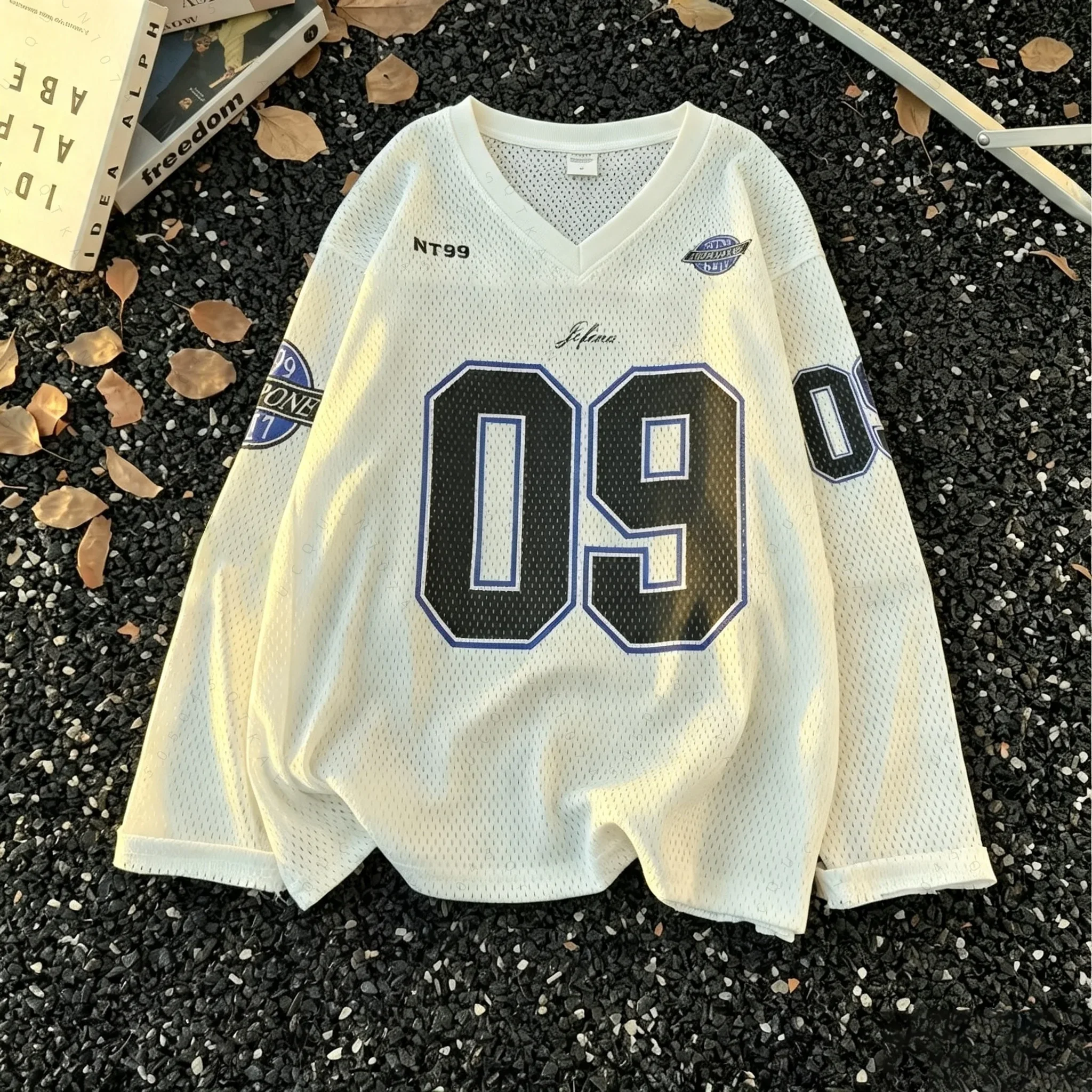 2026 Y2K American Retro Streetwear Letter Print V-Neck Mesh Long Sleeve Sports T-Shirt Unisex Loose Casual Parent-Child Top