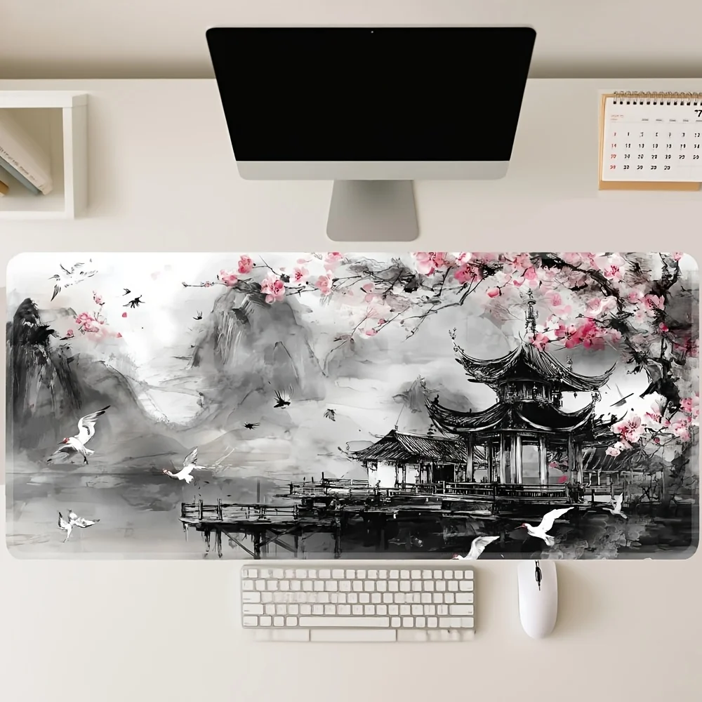 Chinese Ink Cherry Blossom Gaming Mouse Pad, Large Non-Slip Desk Mat with Pavilion & Crane Print for Gamers