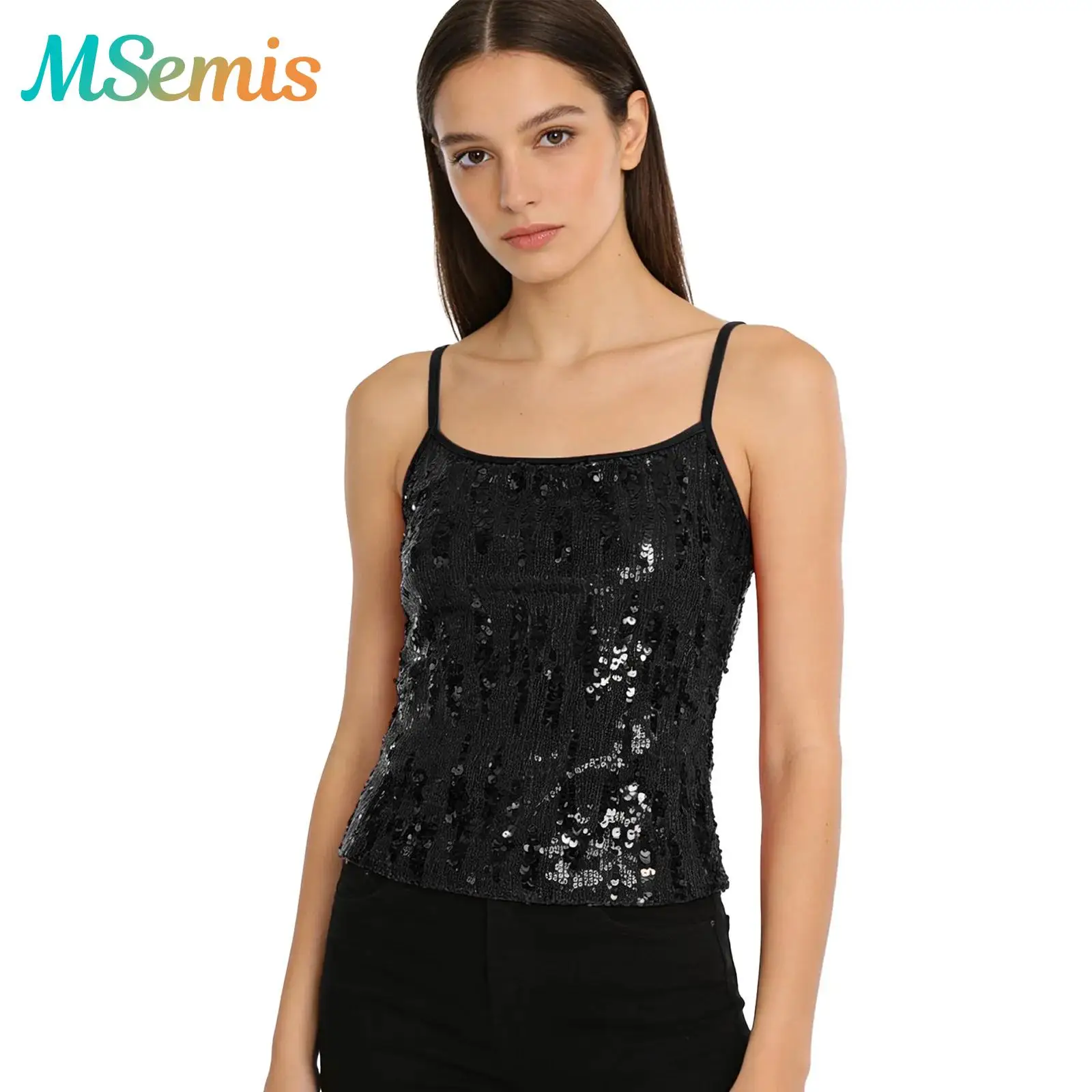 Womens Allover Sequin Glittery Camisole Tops Adjustable Spaghetti Straps Crop Tank Top Stylish Vest Club Rave Party Costume