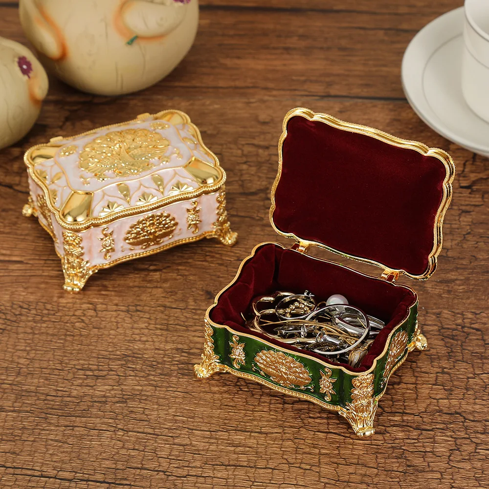 Vintage Metal Jewelry Box with Peacock Pattern Trinket Organizer Box Rectangular Keepsake Storage Box for Ring Earrings Necklace