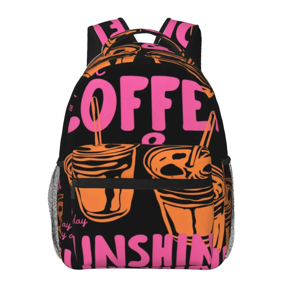 Sweet Snack Student Backpack Center Iced Coffee Cup Retro Coffee Lettering Pink Orange White Casual Daypack for College Travel