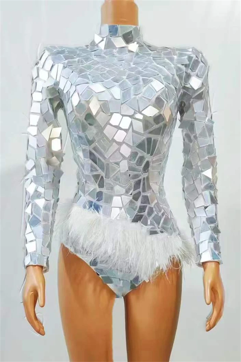 

Stunning Silver Bodysuits Women 2023 Long Sleeve Mirror Drag Queen Outfit With Feather Birthday Stage Performance Costume