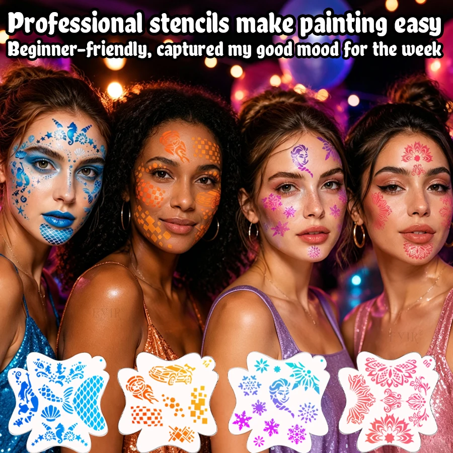 Temporary Tattoo Stencils Set Hollow Templates with 3 Sheets Colorful Rhinestone Sequins Stickers Reusable Waterproof DIY Face