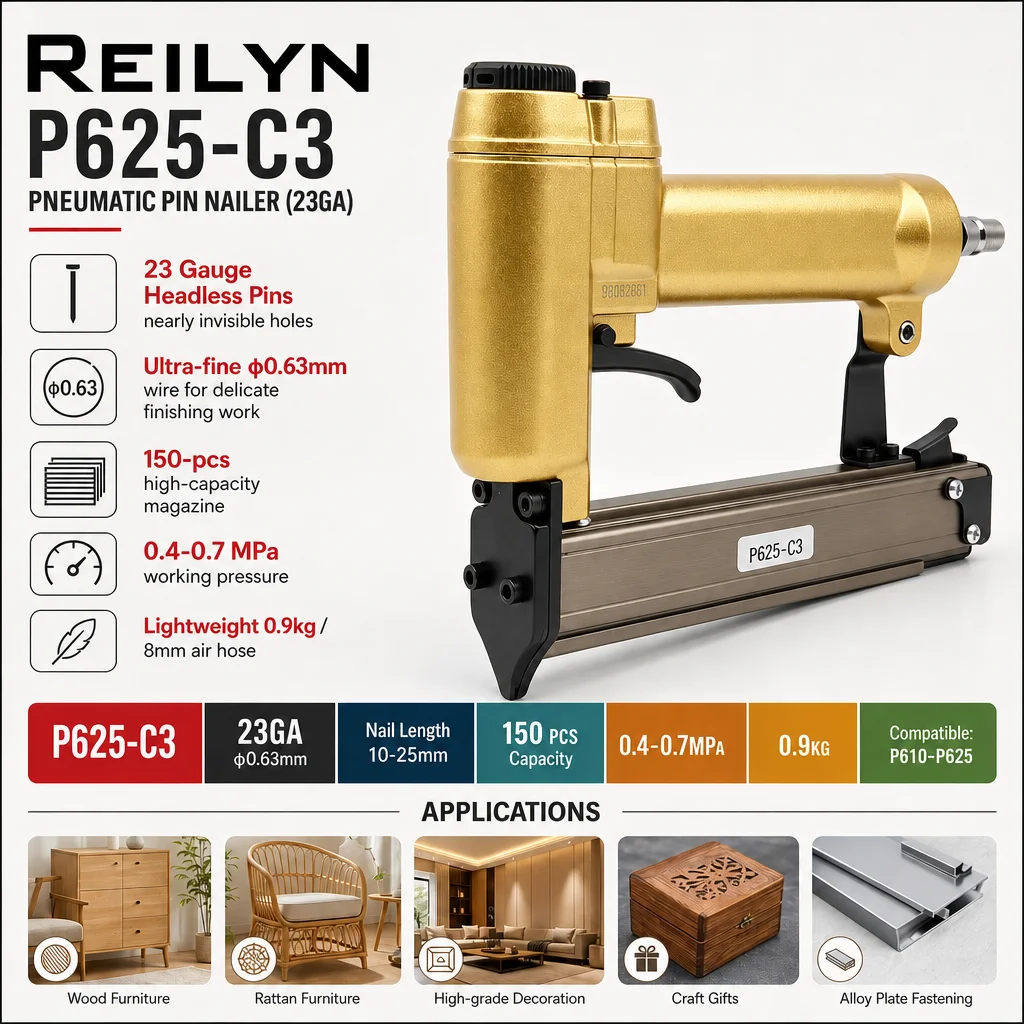 Reilyn 23Ga Brad Stapler P625-C3 Air Framing Nailer Ergonomic and Lightweight for Furniture Fence Carpenter Pneumatic Nail Tool