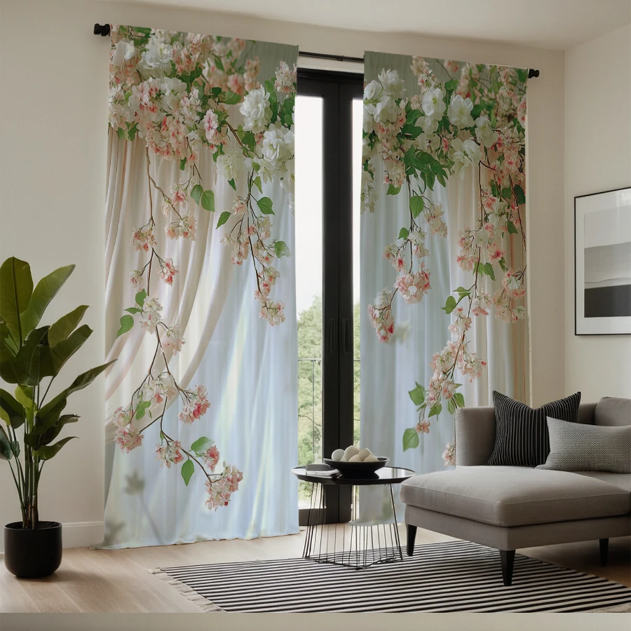 2PCS Digital Printed Curtains, Spring Flower Greenery Fresh Pastoral, Modern Home Decor Style for Living Room Bedroom Decor